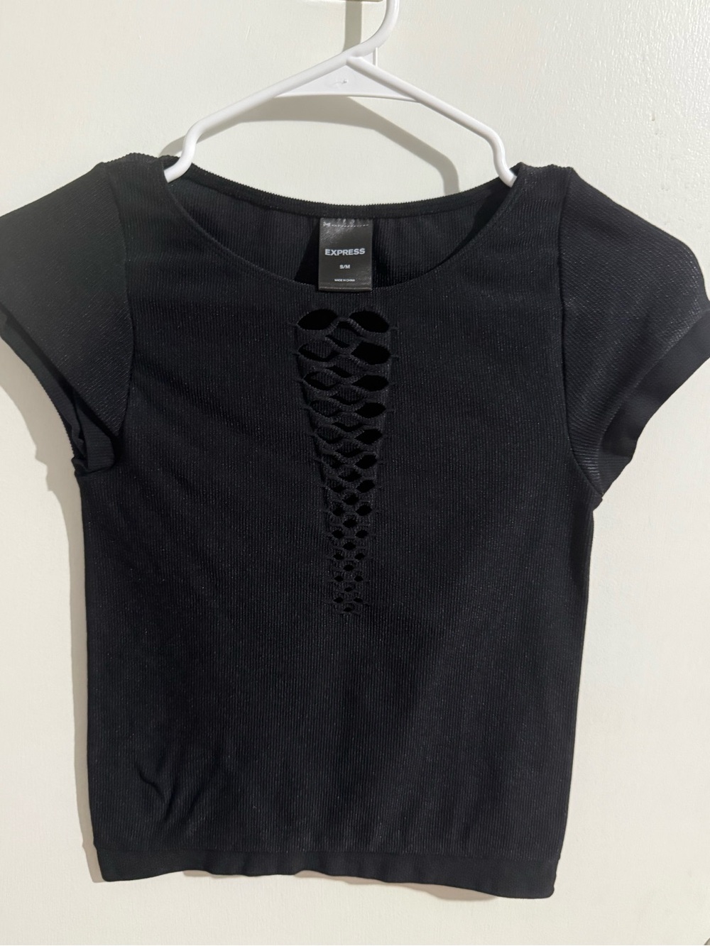 Express Black Short Sleeve Knit Top with Front Ladder Cutout